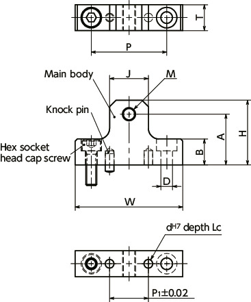 NLSCNS-NStoppers for Linear Guides, Base Mounting, Stainless Steel, with Fine Threaded Hole for Positioning and Knock Pin寸法図