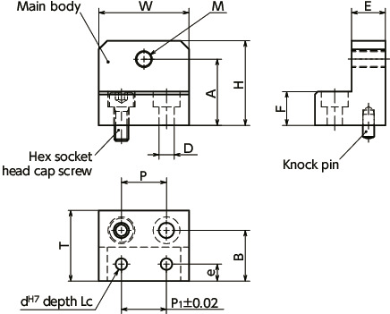 NLSDNS-NStoppers for Linear Guides, Base Mounting, Stainless Steel, with Fine Threaded Hole for Positioning and Knock Pin寸法図