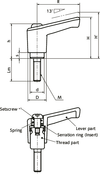 LECMPlastic Klemmhebel - Miniaturausführung, Außengewinde 寸 法 図