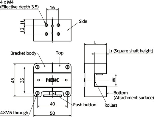 CUSB-1BQuick Positioning Brackets - For Square Shafts - 1 Button Type寸法図