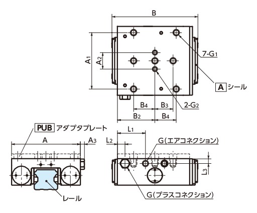UBPSリニアクランパ・ズィー - 空気圧 - 常時閉 - ブレーキ機構つき寸法図