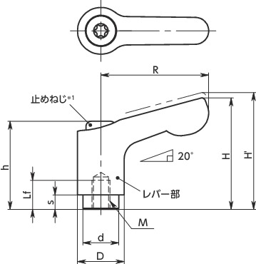 LDCFS-NIミニクランプレバー（めねじ） - オールステンレス製寸法図