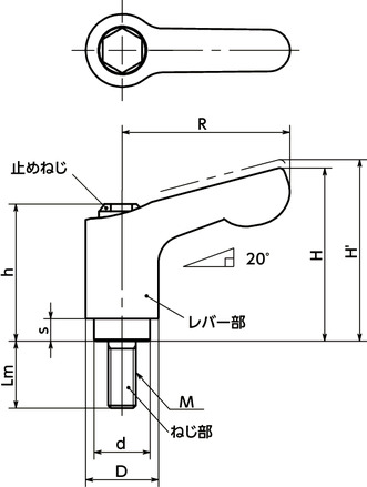 LDCMS-AS-HPミニクランプレバー（おねじ） - オールステンレス製寸法図