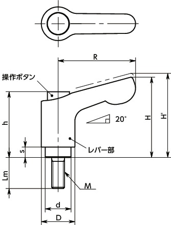 LDCMS-Cミニクランプレバー（おねじ） - 操作ボタンつき寸法図