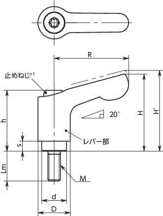 LDCMS-NIミニクランプレバー（おねじ） - オールステンレス製寸法図