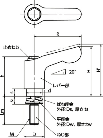 LDCMS-W-ASミニクランプレバー - ばね座金組み込みタイプ - オールステンレス製寸法図