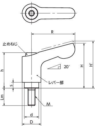 LDCMSミニクランプレバー（おねじ） 寸法図