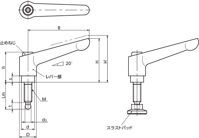 LDM-SGBクランプレバー（ボールポイント） 寸法図