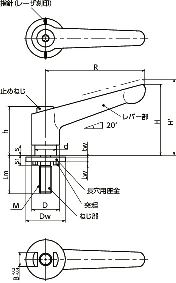LDMS-LWP-NIクランプレバー-長穴用座金組み込みタイプ-オールステンレス製寸法図
