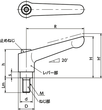 LDMS-NI-HPクランプレバー（おねじ） - オールステンレス製寸法図