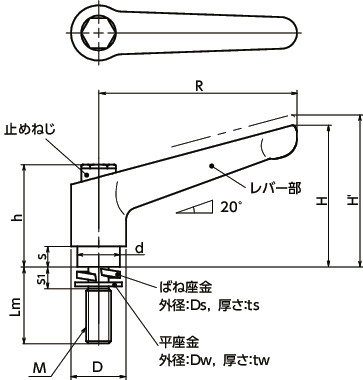LDMS-W-ASクランプレバー - ばね座金組み込みタイプ - オールステンレス製寸法図