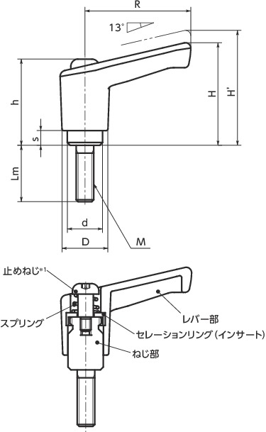 LECMミニプラクランプレバー（おねじ）寸法図