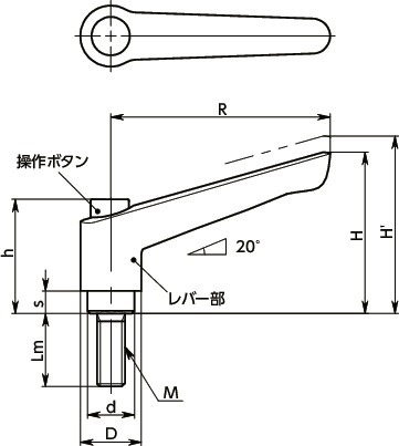 LEM-Cプラクランプレバー（おねじ） - 操作ボタンつき寸法図