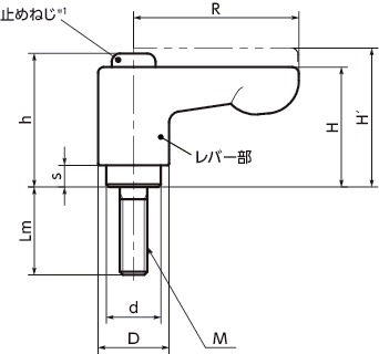 LHCMSミニクランプレバー（おねじ） - フラットタイプ寸法図