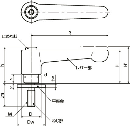 LHM-LWクランプレバー - 平座金組み込みタイプ - フラットタイプ寸法図