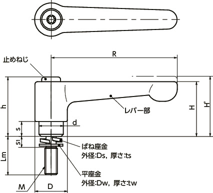 LHMS-Wクランプレバー - ばね座金組み込みタイプ - フラットタイプ寸法図