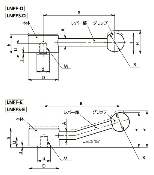 LNFF-Dフラットテンションレバー（めねじ）寸法図
