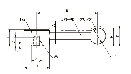LNFFS-Dフラットテンションレバー（めねじ）寸法図