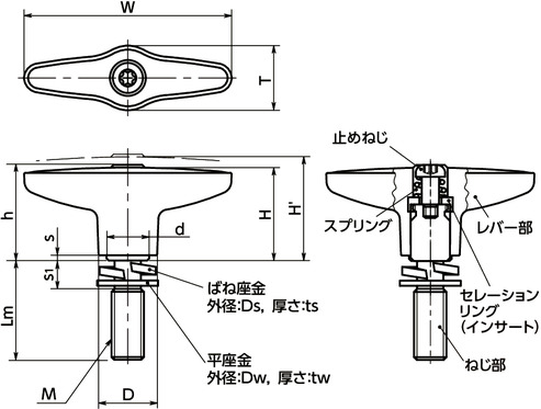 LUDM-Wプラクランプレバー - ばね座金組み込みタイプ寸法図
