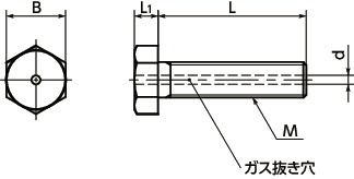 SVHS六角ボルト（ガス抜き穴つき）寸法図