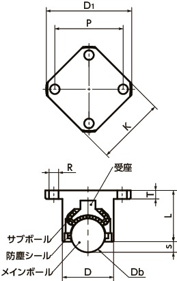 BRDSF下向きボールローラ（角フランジタイプ）寸法図