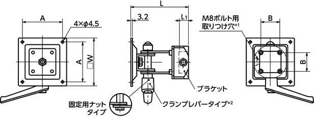 DFS-AAディスプレイ固定部品 - 1軸タイプ - クランプレバー保持寸法図