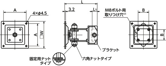 DFSN-AAディスプレイ固定部品 - 1軸タイプ - 六角ナット保持寸法図