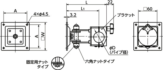 DFSN-PBディスプレイ固定部品 - 1軸タイプ - 六角ナット保持寸法図