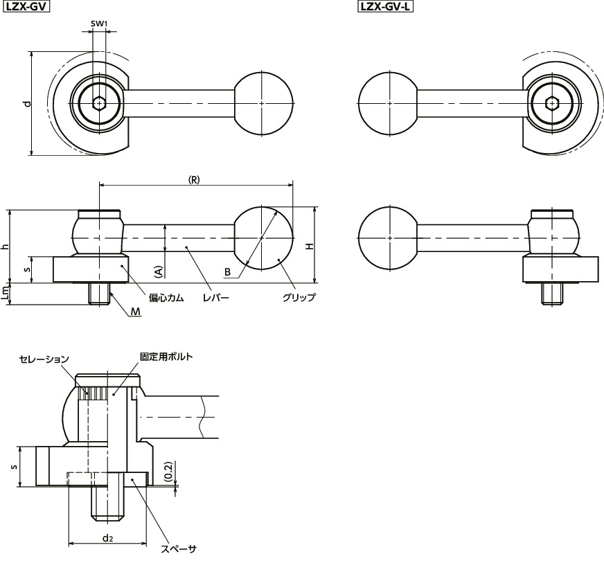 LZX-40-GV-L｜カムレバー - 水平レバータイプ M(並目)ねじの呼び M8