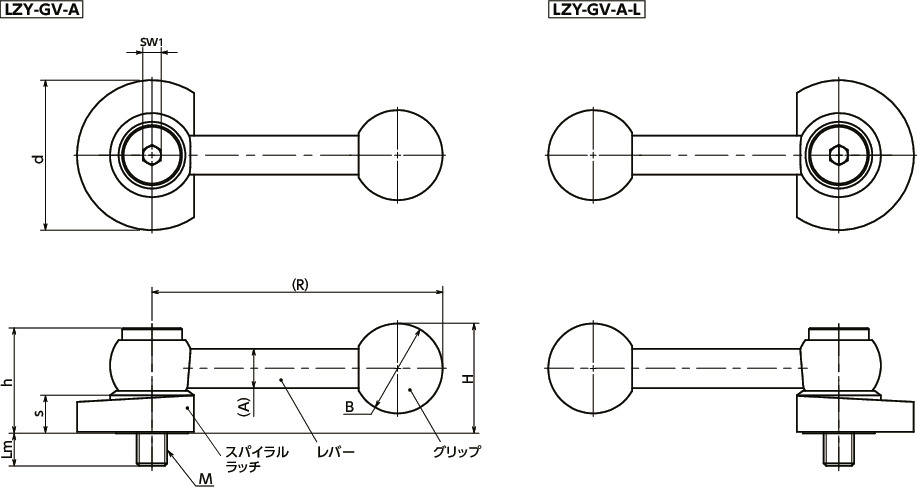 LZY-GV-Aラッチレバー - 水平レバータイプ - 上方向締めつけ 寸法図