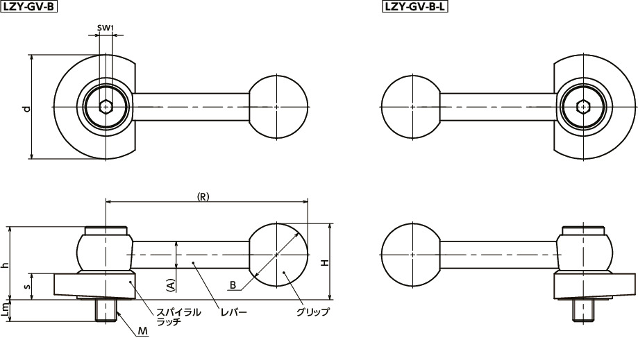 LZY-GV-Bラッチレバー - 水平レバータイプ - 下方向締めつけ 寸法図