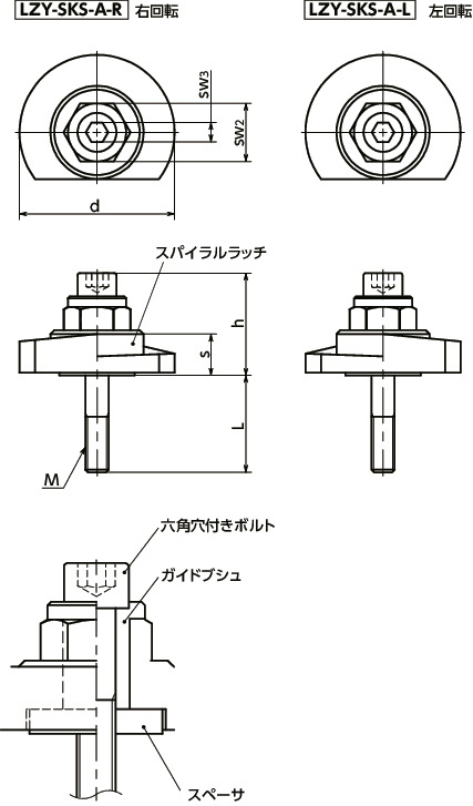 LZY-SKS-Aラッチレバー - スパナ操作タイプ - 上方向締めつけ - 前面取りつけ寸法図
