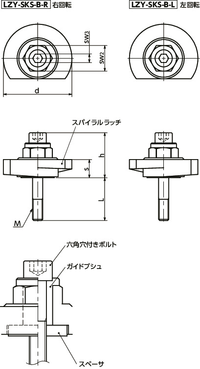 LZY-SKS-Bラッチレバー - スパナ操作タイプ - 下方向締めつけ - 前面取りつけ寸法図