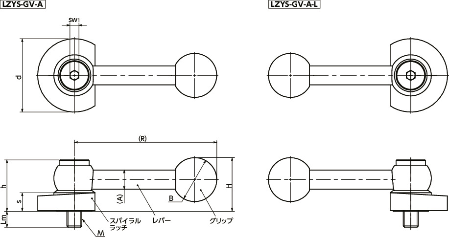LZYS-GV-Aラッチレバー - 水平レバータイプ - 上方向締めつけ - ステンレス製 寸法図