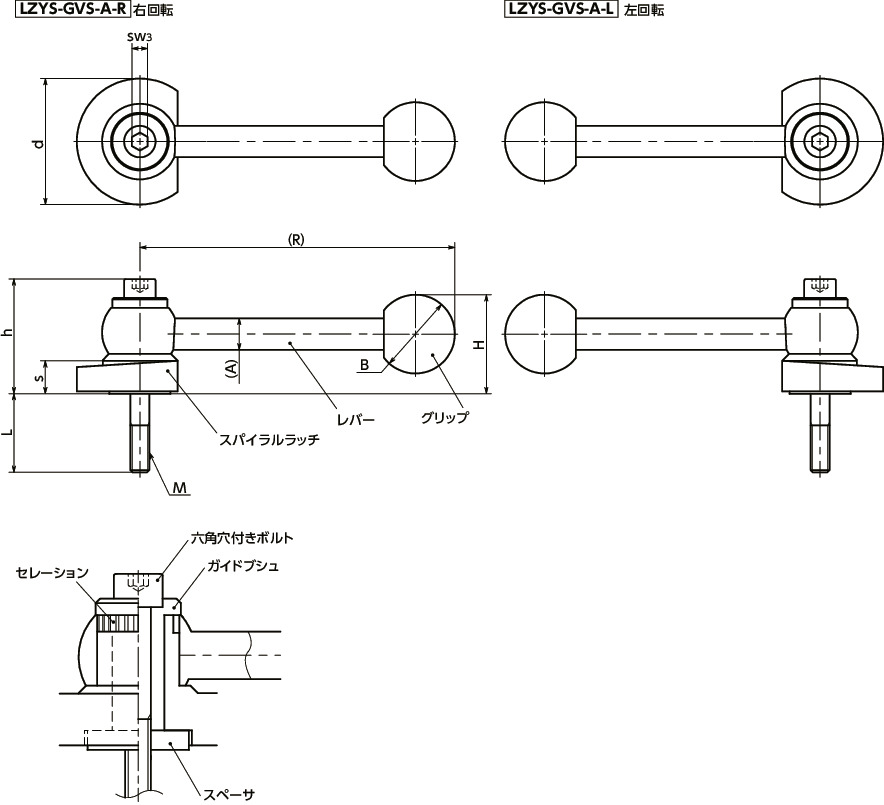 LZYS-GVS-Aラッチレバー - 水平レバータイプ - 上方向締めつけ - 前面取りつけ - ステンレス製 寸法図