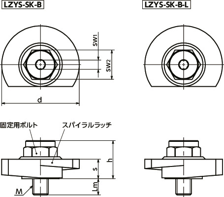 LZYS-SK-Bラッチレバー - スパナ操作タイプ - 下方向締めつけ - ステンレス製 寸法図