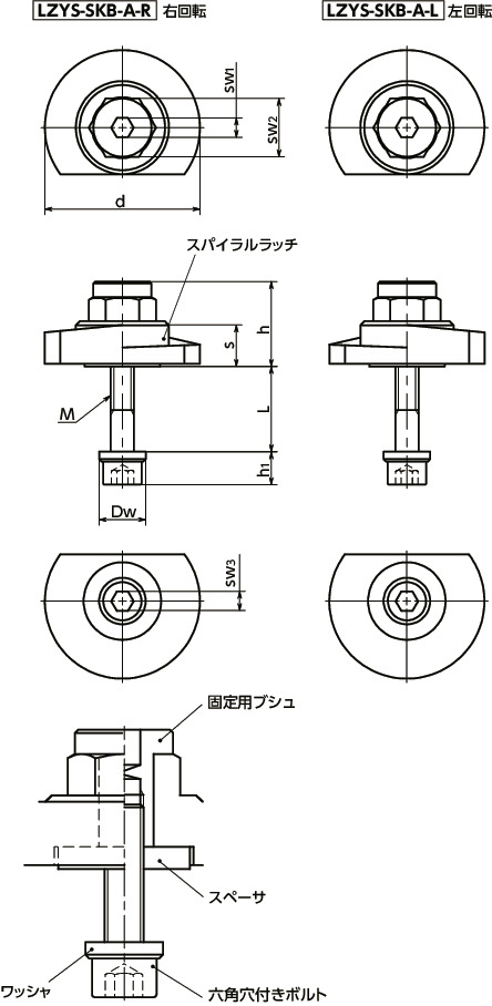 LZYS-SKB-Aラッチレバー - スパナ操作タイプ - 上方向締めつけ - 背面取りつけ - ステンレス製寸法図