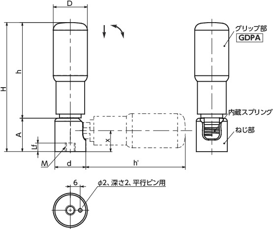 GFRAリトラクタブル回転グリップ寸法図