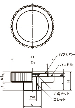 HCS-T-Aアルミコントロールハンドル - コレットタイプ寸法図
