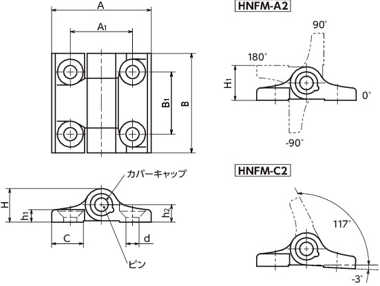HNFMドアポジショニングヒンジ寸法図