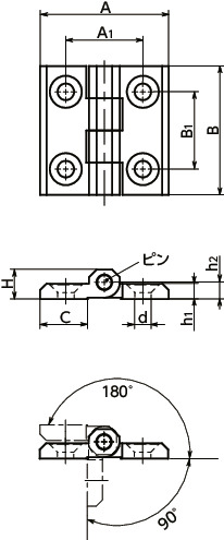 HNG-A-CRメタルヒンジ - 亜鉛ダイカスト製 - クロムメッキ - 皿穴タイプ 寸法図