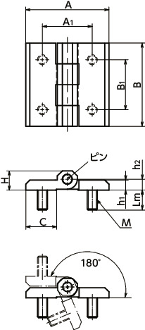 HNG-C-CRメタルヒンジ - 亜鉛ダイカスト製 - クロムメッキ - おねじタイプ 寸法図