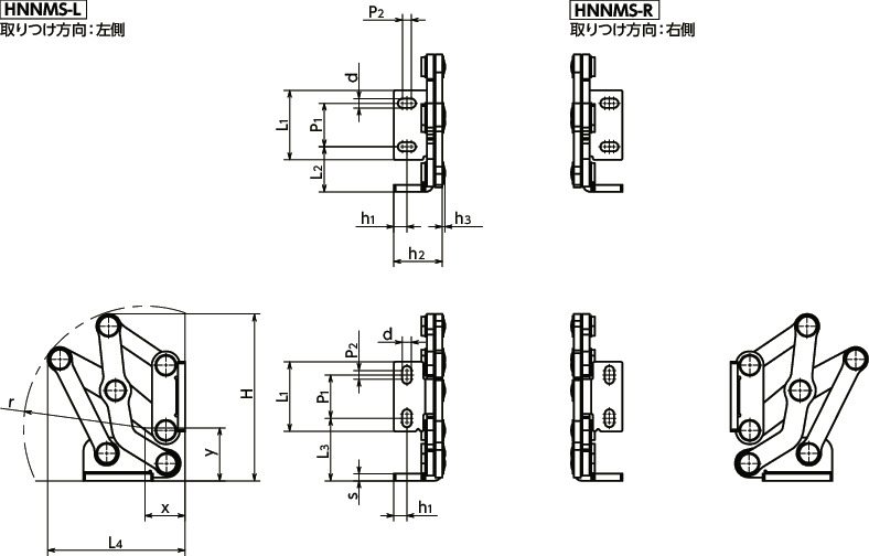HNNMSステンレス大型スライドヒンジ - 120°開き寸法図