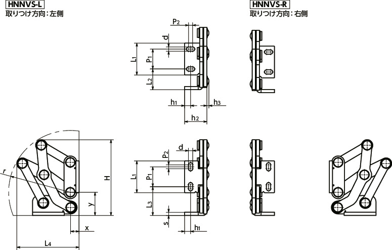 HNNVSステンレス大型スライドヒンジ - 90°開き寸法図