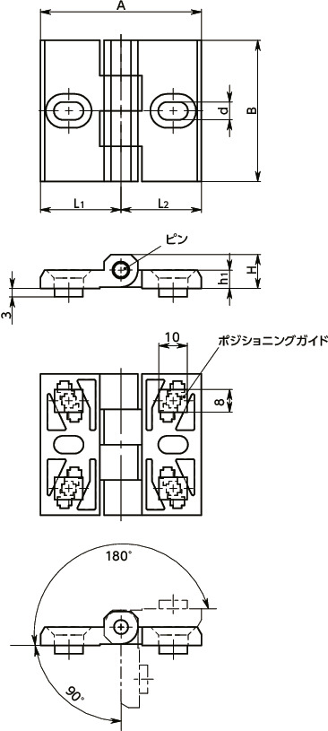HNPピッチアジャスタブルヒンジ - アルミフレーム用寸法図