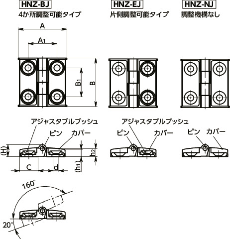 HNZピッチアジャスタブルヒンジ寸法図