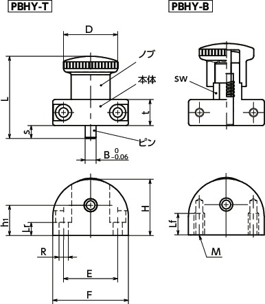 PBHYフランジつきインデックスプランジャ - ロック機構つき - コンパクトタイプ寸法図