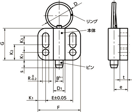 PBXS-Rフランジつきインデックスプランジャ - リングタイプ寸法図