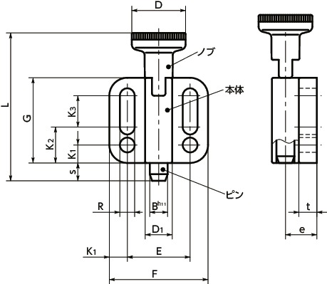 PBYフランジつきインデックスプランジャ - ロック機構つき寸法図