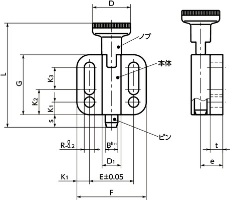 PBYSフランジつきインデックスプランジャ - ロック機構つき寸法図